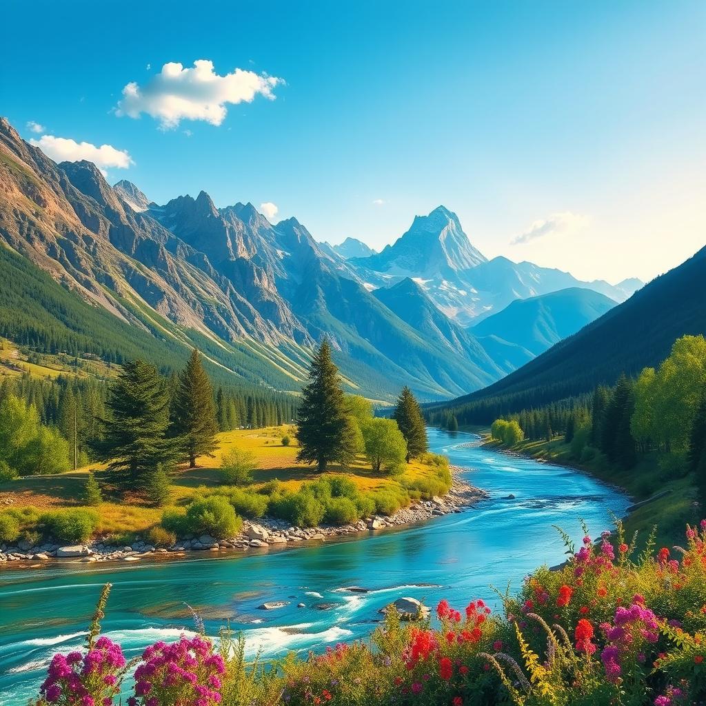 Generate a vibrant and colorful image featuring a serene landscape with mountains, a river, and a clear blue sky