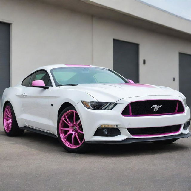 A white Ford Mustang with chrome pink rims, gleaming under daylight.