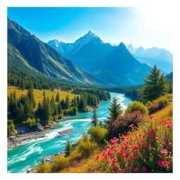 Generate a vibrant and colorful image featuring a serene landscape with mountains, a river, and a clear blue sky