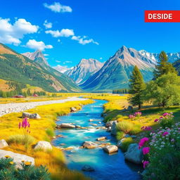 Generate a vibrant and colorful image featuring a serene landscape with mountains, a river, and a clear blue sky