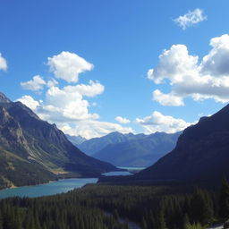 A beautiful landscape with mountains, a river, and a forest under a clear blue sky with fluffy clouds