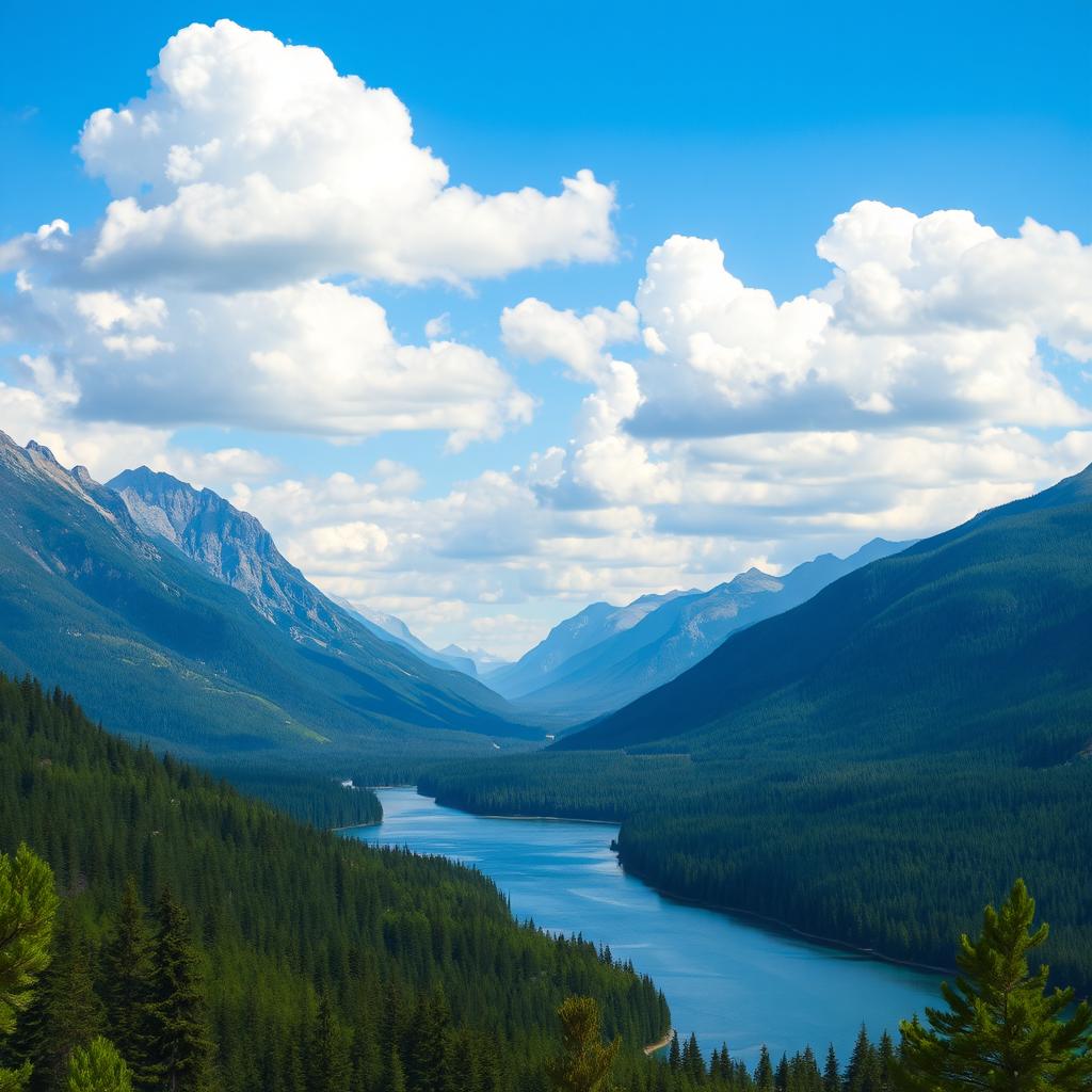 A beautiful landscape with mountains, a river, and a forest under a clear blue sky with fluffy clouds