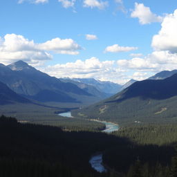 A beautiful landscape with mountains, a river, and a forest under a clear blue sky with fluffy clouds