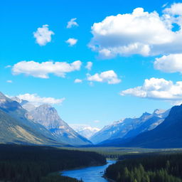 A beautiful landscape with mountains, a river, and a forest under a clear blue sky with fluffy clouds