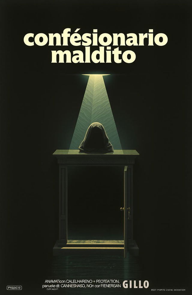 Póster retro de un Giallo italiano de los años 70 titulado "Confesionario maldito", con un confesionario de madera iluminado por un rayo, y una silueta con un cuchillo manchado de sangre en la mano