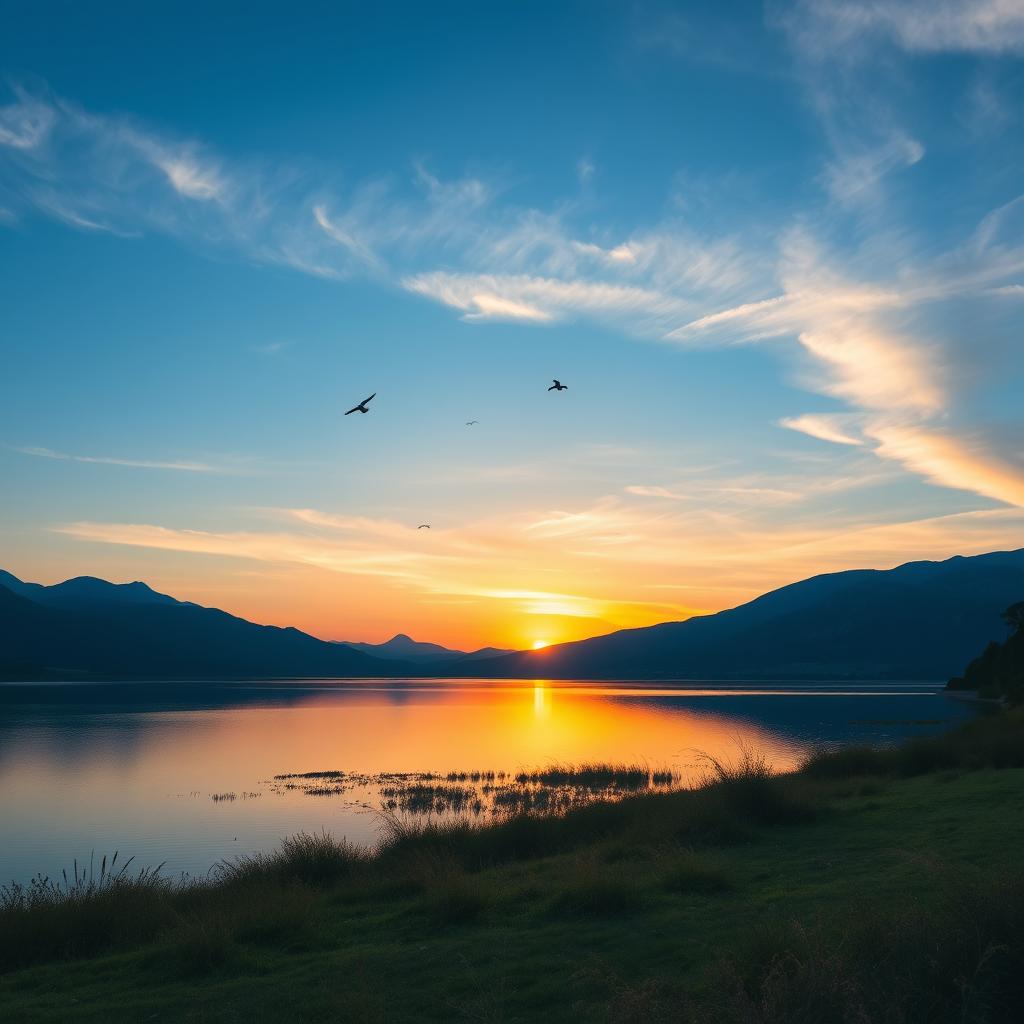 A serene landscape featuring a beautiful sunset over a calm lake, with mountains in the background and a few birds flying in the sky