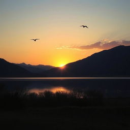 A serene landscape featuring a beautiful sunset over a calm lake, with mountains in the background and a few birds flying in the sky