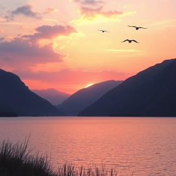 A serene landscape featuring a beautiful sunset over a calm lake, with mountains in the background and a few birds flying in the sky