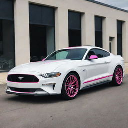 A white Ford Mustang with chrome pink rims, gleaming under daylight.