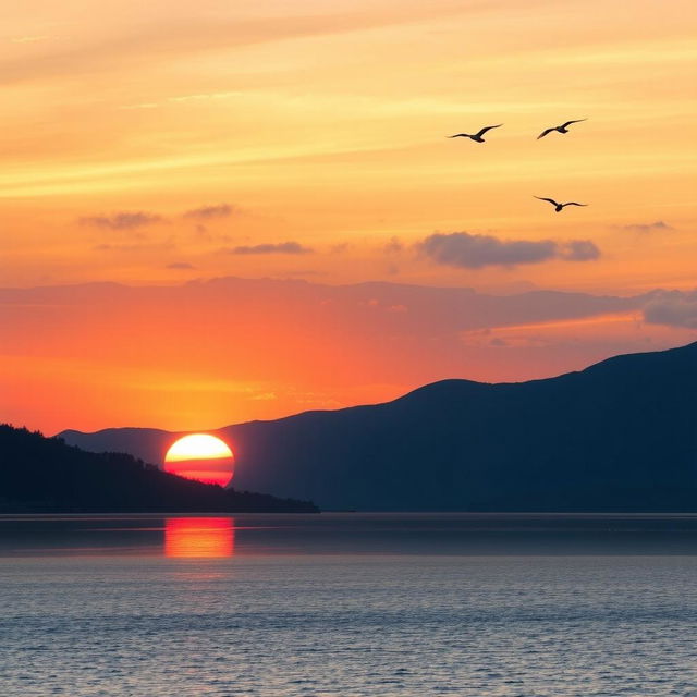 A serene landscape featuring a beautiful sunset over a calm lake, with mountains in the background and a few birds flying in the sky