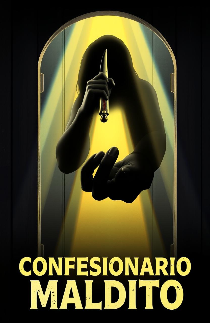 Póster retro de una película Giallo de los años 70 titulado 'Confesionario maldito', con una silueta con un cuchillo ensangrentado en un confesionario iluminado por un rayo