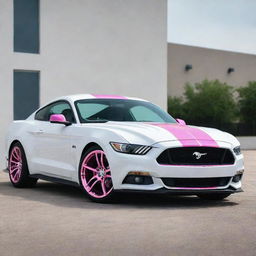 A white Ford Mustang with chrome pink rims, gleaming under daylight.