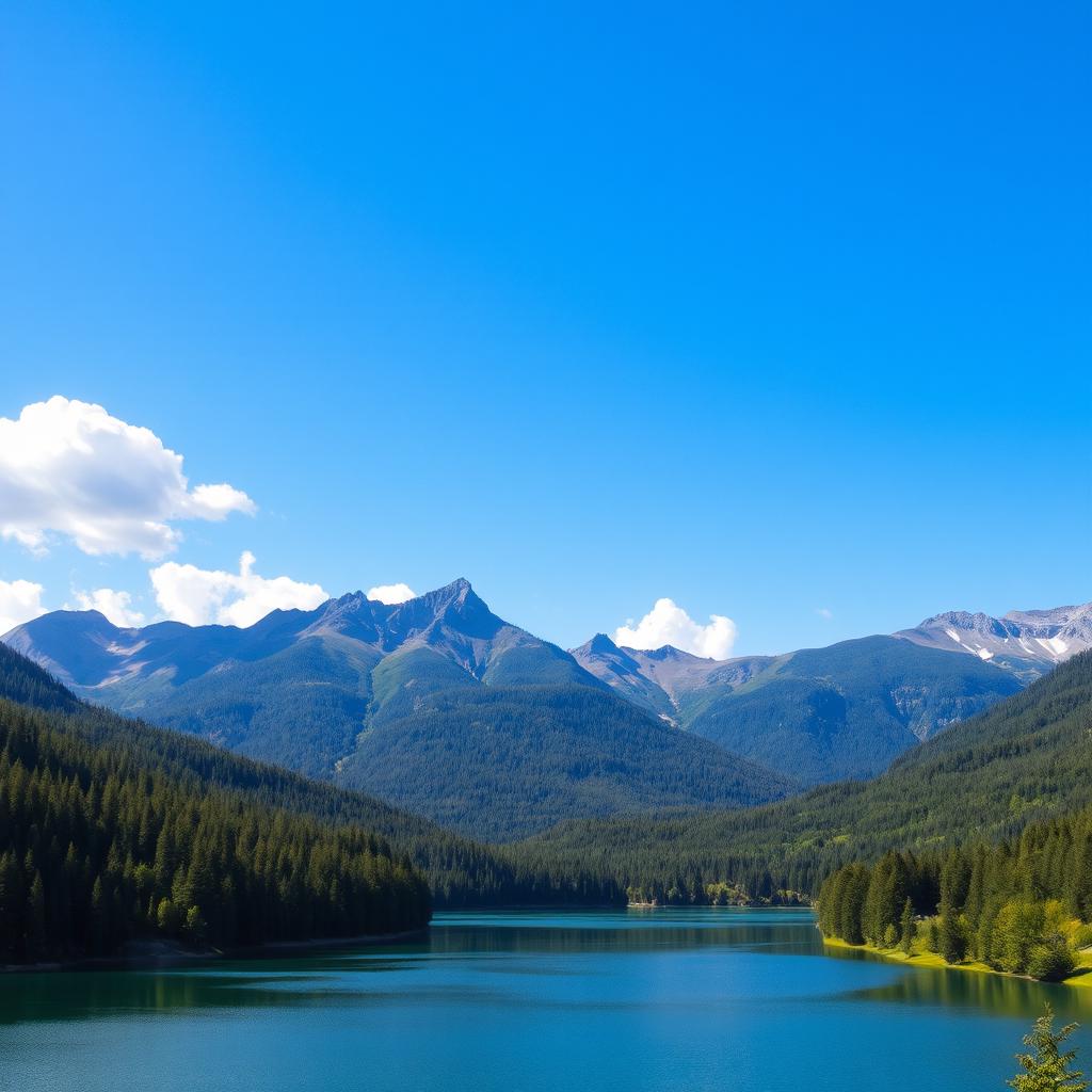 A beautiful landscape featuring a serene lake surrounded by lush green forests and majestic mountains in the background