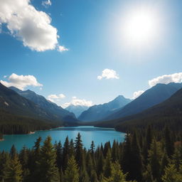 A beautiful landscape featuring a serene lake surrounded by lush green forests and majestic mountains in the background