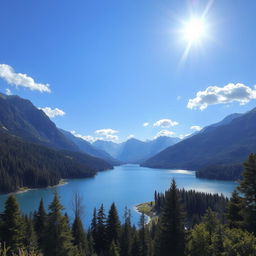 A beautiful landscape featuring a serene lake surrounded by lush green forests and majestic mountains in the background