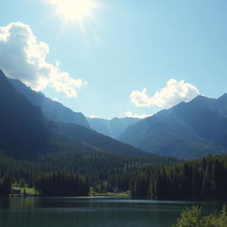 A beautiful landscape featuring a serene lake surrounded by lush green forests and majestic mountains in the background