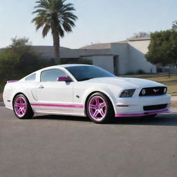 A white Ford Mustang with chrome pink rims, gleaming under daylight.