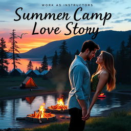 Create a book cover depicting a summer camp love story between a man and a woman who work there as instructors