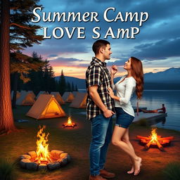 Create a book cover depicting a summer camp love story between a man and a woman who work there as instructors