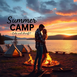 Create a book cover depicting a summer camp love story between a man and a woman who work there as instructors