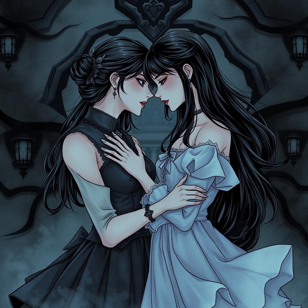 A dark and forbidden romance scene from a manhwa, featuring two women in a shadowy, gothic setting with intricate details and an eerie atmosphere