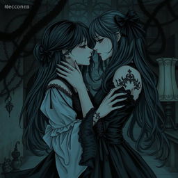 A dark and forbidden romance scene from a manhwa, featuring two women in a shadowy, gothic setting with intricate details and an eerie atmosphere