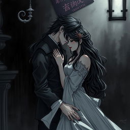 A dark and forbidden romance scene from a manhwa, featuring two women in a shadowy, gothic setting with intricate details and an eerie atmosphere