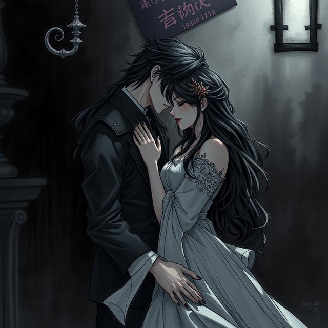 A dark and forbidden romance scene from a manhwa, featuring two women in a shadowy, gothic setting with intricate details and an eerie atmosphere