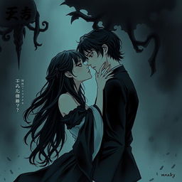 A dark and forbidden romance scene from a manhwa, featuring two women in a shadowy, gothic setting with intricate details and an eerie atmosphere