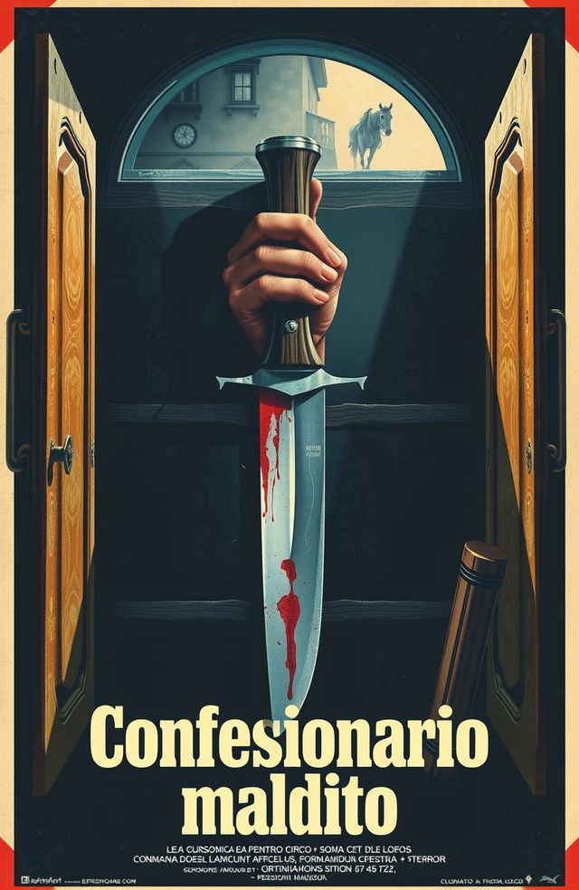 Crea un póster vintage de una película de terror española de los años 70 titulada "Confesionario maldito", con un confesionario iluminado por un rayo, la garra de un hombre loco con un cuchillo ensangrentado, y un diseño retro y ominoso