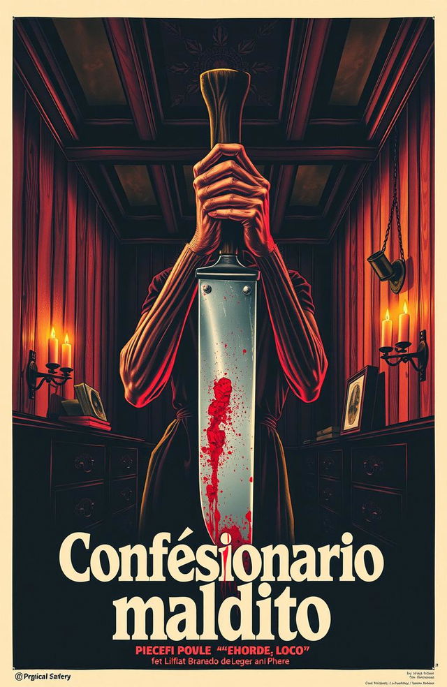 Un póster vintage de una película de terror española de los años 70 titulada 'Confesionario maldito', mostrando un confesionario iluminado por velas y la garra de un hombre loco con un cuchillo manchado de sangre