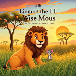 Create an illustration of 'The Lion and the Wise Mouse: Adventures in the Savannah'