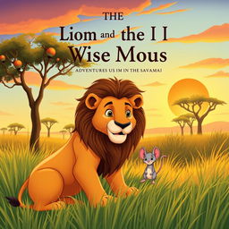 Create an illustration of 'The Lion and the Wise Mouse: Adventures in the Savannah'