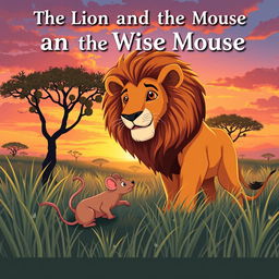 Create an illustration of 'The Lion and the Wise Mouse: Adventures in the Savannah'