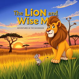 Create an illustration of 'The Lion and the Wise Mouse: Adventures in the Savannah'