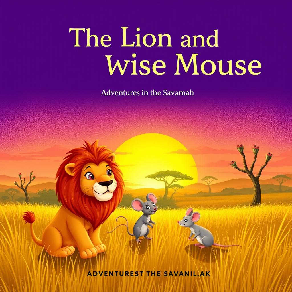 Create an illustration of 'The Lion and the Wise Mouse: Adventures in the Savannah'