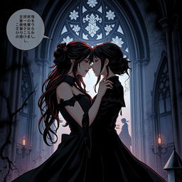 A dark and forbidden romance scene from a manhwa, featuring two women in a shadowy, gothic setting