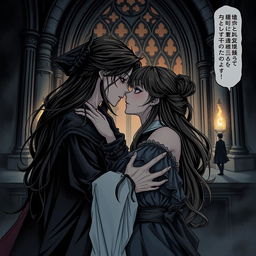 A dark and forbidden romance scene from a manhwa, featuring two women in a shadowy, gothic setting