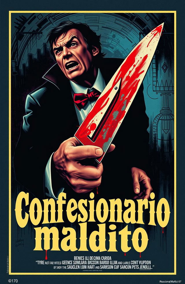 Póster vintage de una película de terror española de los años 70 titulada "Confesionario maldito", con un confesionario oscuro y la garra de un hombre loco empuñando un cuchillo manchado de sangre