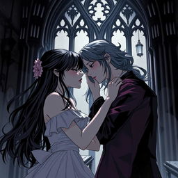 A dark and forbidden romance scene from a manhwa, featuring two women in a shadowy, gothic setting