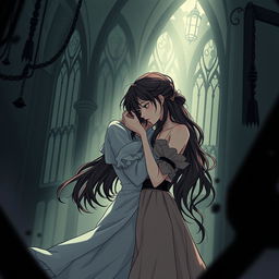 A dark and forbidden romance scene from a manhwa, featuring two women in a shadowy, gothic setting