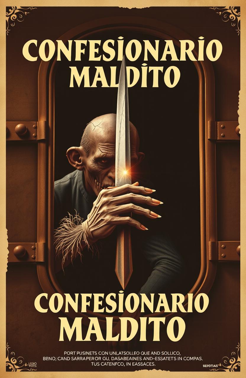 Póster vintage de película de terror española de los años 70 titulado 'Confesionario maldito', mostrando una garra de hombre lobo con un cuchillo sangriento asomando de un confesionario oscuro y gótico