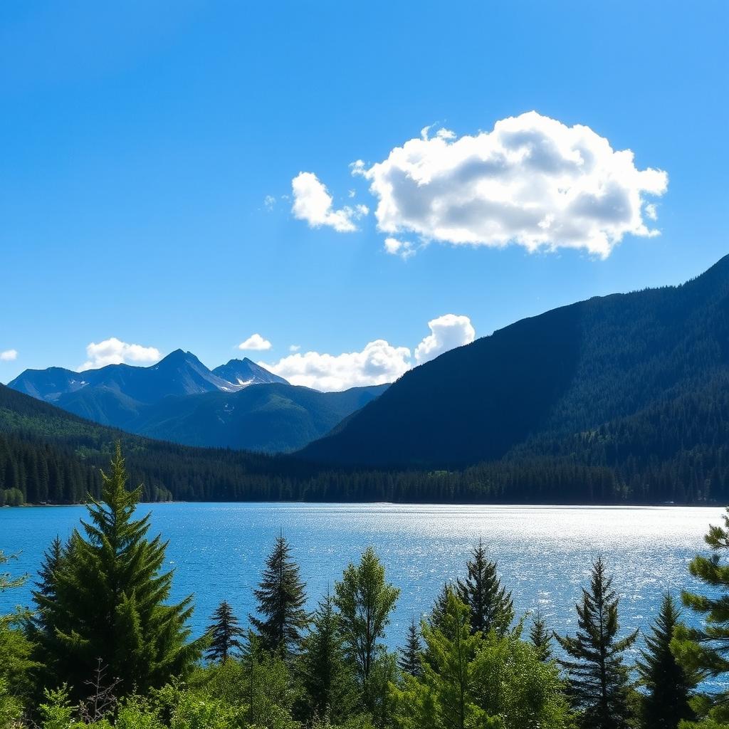 A beautiful landscape featuring a serene lake surrounded by lush green forests and majestic mountains in the background