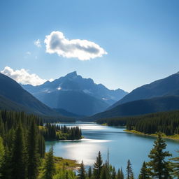 A beautiful landscape featuring a serene lake surrounded by lush green forests and majestic mountains in the background