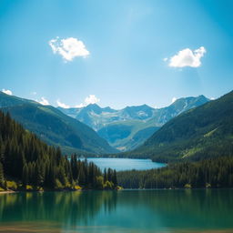 A beautiful landscape featuring a serene lake surrounded by lush green forests and majestic mountains in the background