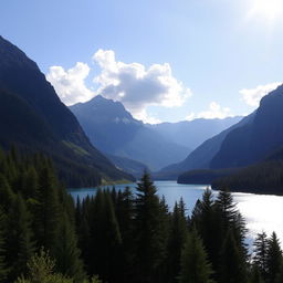 A beautiful landscape featuring a serene lake surrounded by lush green forests and majestic mountains in the background