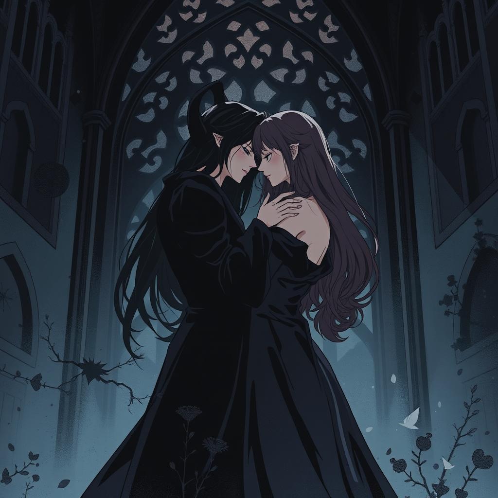 A dark and forbidden romance scene from a manhwa, featuring two mysterious women in a shadowy, gothic setting