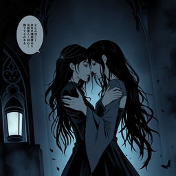 A dark and forbidden romance scene from a manhwa, featuring two mysterious women in a shadowy, gothic setting