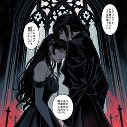 A dark and forbidden romance scene from a manhwa, featuring two mysterious women in a shadowy, gothic setting