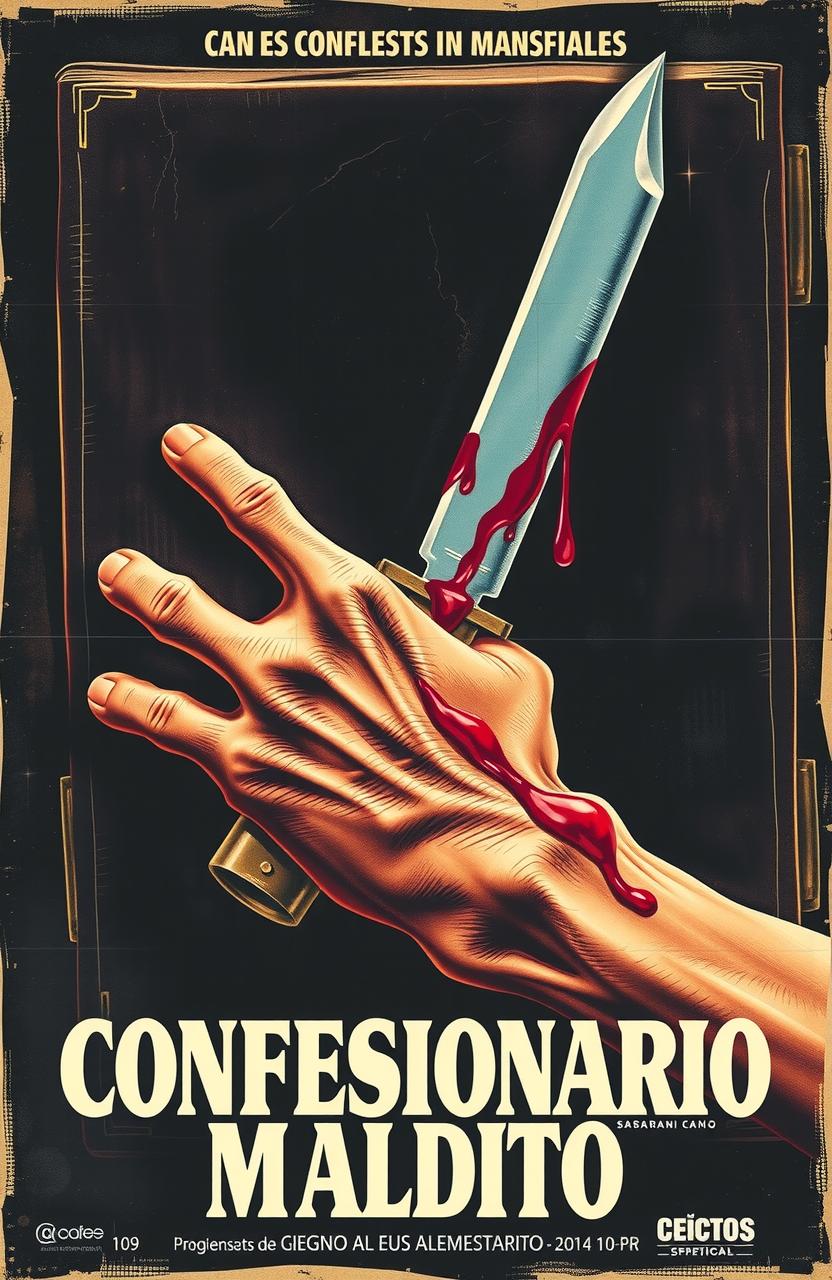 Póster vintage de una película de terror española de los años 70 titulada 'Confesionario maldito', con un confesionario oscuro del que asoma la garra de un monstruo sosteniendo un cuchillo manchado de sangre